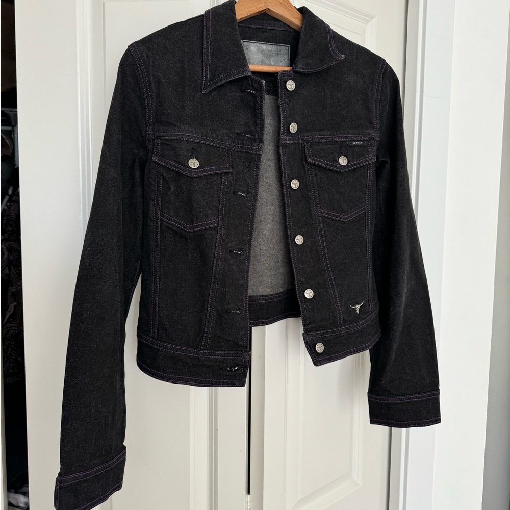 Black Denim Jacket with Purple Stitching